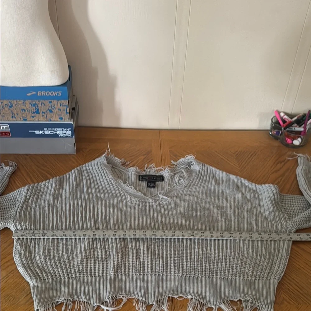 Polly & Esther Gray V-Neck Sweater with Distressed Hem - Picture 8 of 9